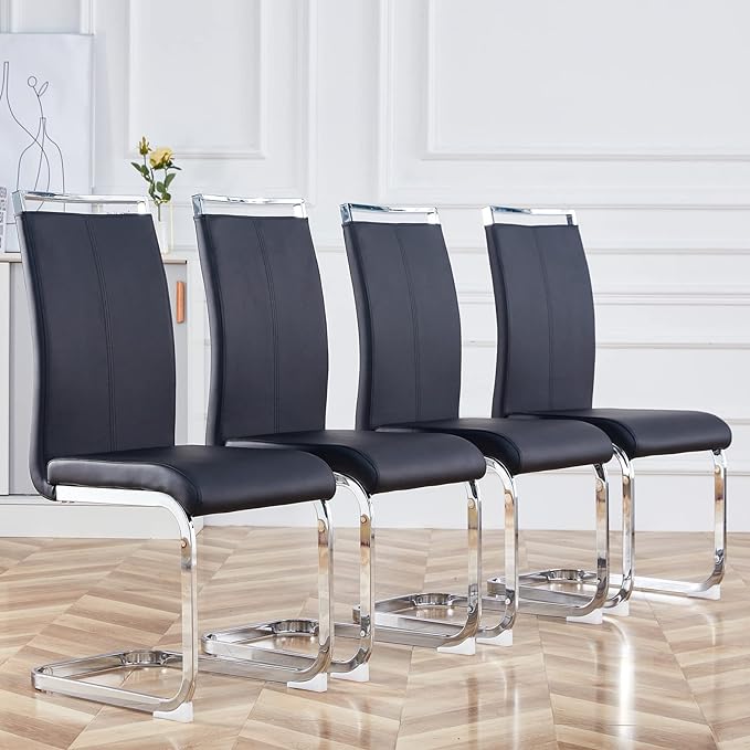 Dining Chairs Set, Kitchen Modern Metal Chairs with Faux Leather Padded Seat High Back and Sturdy Chrome Legs, Chairs for Dining Room (Black-1, Set of 4) - LeafyLoom