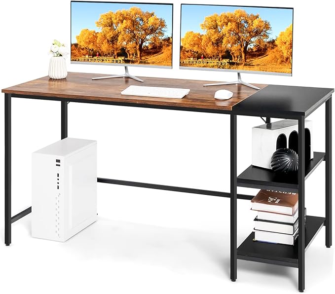 Multifunctional Computer Desk, Industrial Study Writing Desk w/Removable Storage Shelf, Heavy-Duty Metal Frame, 55 Inch Desk for Home Office, Gaming Room, Bedroom (Rustic Brown) - LeafyLoom