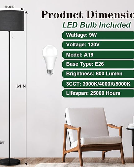 LED Floor Lamp for Living Room, Simple Design Tall Lamp for Bedroom, Modern Floor Lamp with Shade, Black Pole Lamp with Drum Shade, Pull Chain Standing Lamp for Kids Room Dining Room (Bulb Included) - LeafyLoom