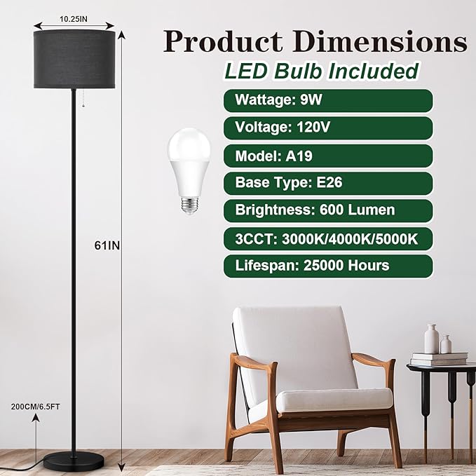 LED Floor Lamp for Living Room, Simple Design Tall Lamp for Bedroom, Modern Floor Lamp with Shade, Black Pole Lamp with Drum Shade, Pull Chain Standing Lamp for Kids Room Dining Room (Bulb Included) - LeafyLoom