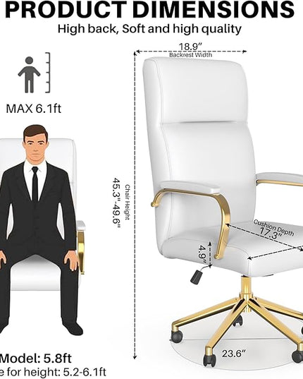 White and Gold Office Chair, High Back office Chair for Women, Modern Desk Chair Comfy with Arms, Leather Executive office Chair with Wheels - LeafyLoom
