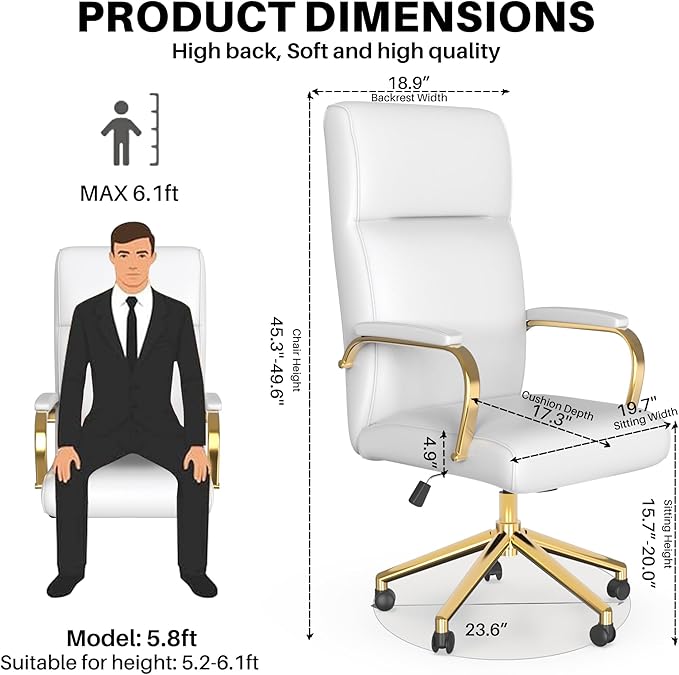 White and Gold Office Chair, High Back office Chair for Women, Modern Desk Chair Comfy with Arms, Leather Executive office Chair with Wheels - LeafyLoom