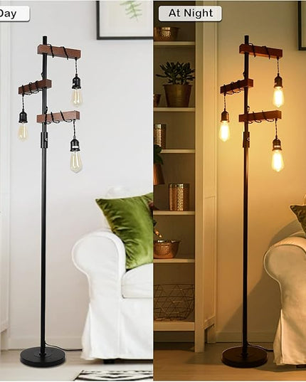 Dimmable Industrial Floor Lamp, Farmhouse Tree Floor Lamp, 68 Inch 3 Lights Wood Standing Lamp, Sturdy Base Tall Vintage Pole Light, Metal Black Floor Lamps for Living Room Bedroom Office Rustic Home - LeafyLoom