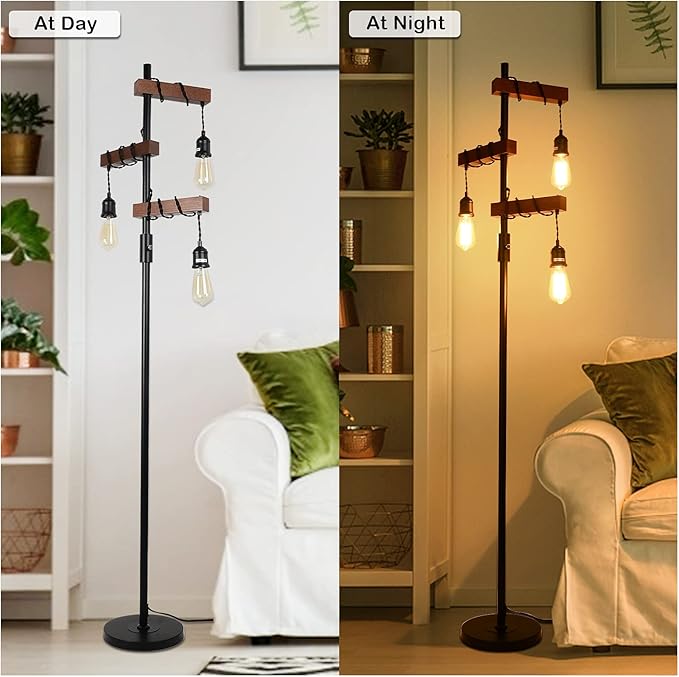 Dimmable Industrial Floor Lamp, Farmhouse Tree Floor Lamp, 68 Inch 3 Lights Wood Standing Lamp, Sturdy Base Tall Vintage Pole Light, Metal Black Floor Lamps for Living Room Bedroom Office Rustic Home - LeafyLoom