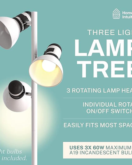 3 Light Floor Lamp Adjustable Standing Lamp for Living Room, Bedroom and Office, 60W Bright Spotlight Lighting - Rotating Swivel Corner Light for Reading, Modern Tree Lamps (White) - LeafyLoom