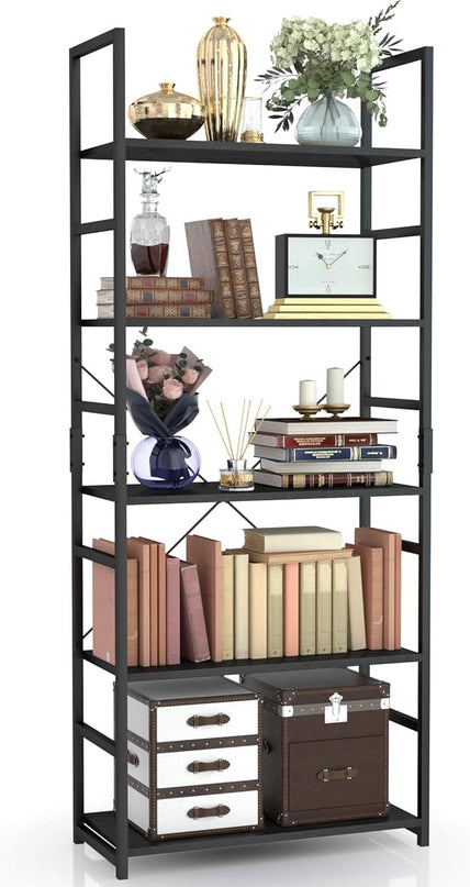 NUMENN 5 Tier Bookshelf, Tall Bookcase Shelf Storage Organizer, Modern Book Shelf for Bedroom, Living Room and Home Office, Black - LeafyLoom