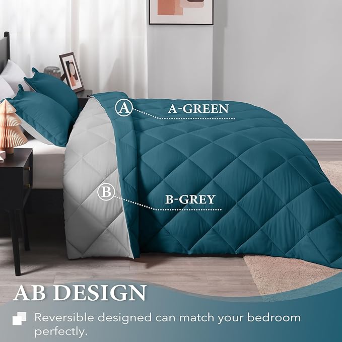 downluxe Twin Comforter Set - Green and Grey Twin Comforter, Soft Bedding Sets for All Seasons -2 Pieces - 1 Comforter (66"x92") and 1 Pillow Sham(20"x26") - LeafyLoom