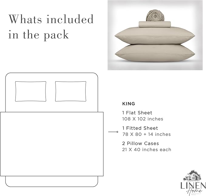 Linen Home Washed Cotton Percale King Sheet Set, Silver, Deep Pocket, 4 Pieces Bed Sheets - 1 Flat Sheet, 1 Fitted Sheet & 2 Envelope Closure Pillowcases, Cool and Comfortable Bed Linen - LeafyLoom