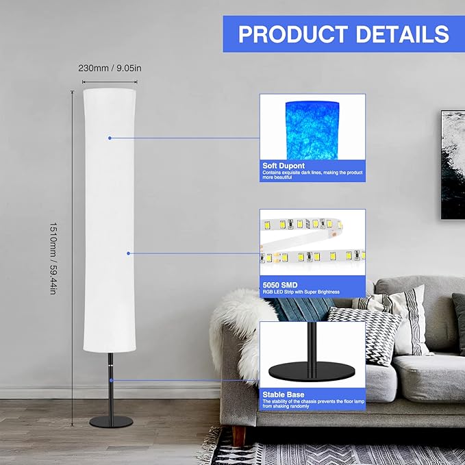 Smart Corner Floor Lamp - 60" LED RGB Standing Lamp Mood Lighting Color Changing Floor Lamps Light for Living Room Bedroom Decor with Alexa Google Assistant WiFi APP Music Sync - LeafyLoom