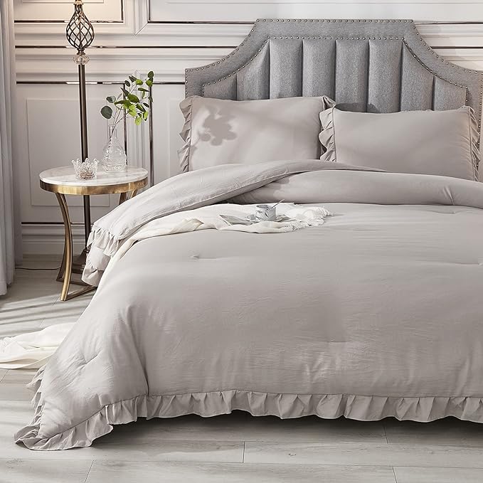 Andency Wheat Ruffle Comforter Queen(90x90Inch), 3 Pieces(1 Ruffled Comforter and 2 Pillowcases) Vintage Ruffle Fringe Comforter, Farmhouse Rustic Microfiber Down Alternative Bedding Comforter Set - LeafyLoom