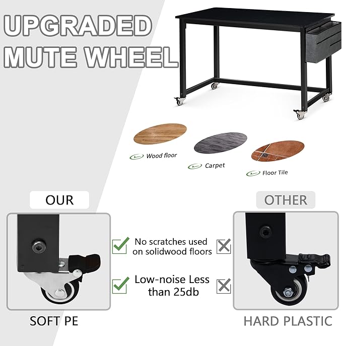 AHB 47" Rolling Computer Desk with 4 Smooth Wheels, Simple Style Mobile Writing Desk Home Office Study Table Movable Workstation with Metal Frame - LeafyLoom