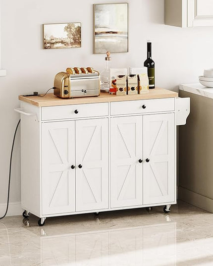 HOOBRO 43.3 Inch Kitchen Island with Charging Station, Rolling Kitchen Island with Storage, Kitchen Island Cart with Spice Rack and Hooks, for Kitchen, Living Room, White and Natural WN11UZD01 - LeafyLoom