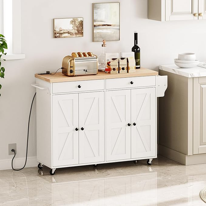 HOOBRO 43.3 Inch Kitchen Island with Charging Station, Rolling Kitchen Island with Storage, Kitchen Island Cart with Spice Rack and Hooks, for Kitchen, Living Room, White and Natural WN11UZD01 - LeafyLoom