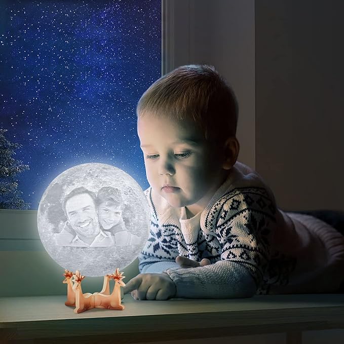 Custom Moon Lamp with Your Photo Text - 3D Printing Moon Light 5.9 Inch Touch Change 2 Colors - Personalized Christmas Birthday Valentine's Gift For Her Women Wife Girlfriend Couple Daughter Son - LeafyLoom