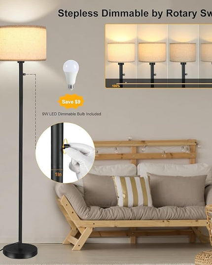 Floor Lamps for Living Room, Stepless Dimmable Standing Lamp, Modern Floor Lamp with Rotary Switch, Beige Linen Shade, 9W Led Bulb Included(1000LM,2700K), Tall Lamp for Bedroom, Office, Farmhouse - LeafyLoom