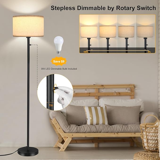 Floor Lamps for Living Room, Stepless Dimmable Standing Lamp, Modern Floor Lamp with Rotary Switch, Beige Linen Shade, 9W Led Bulb Included(1000LM,2700K), Tall Lamp for Bedroom, Office, Farmhouse - LeafyLoom