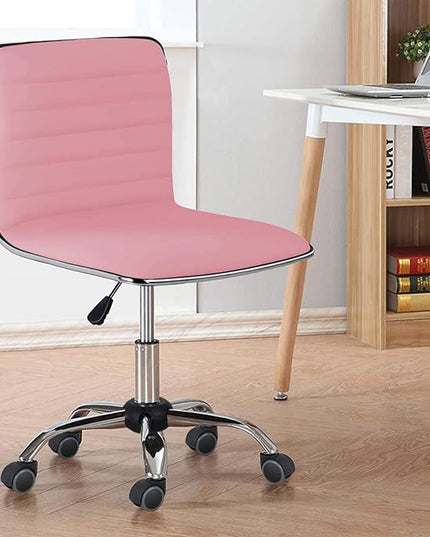 Yaheetech Pink Low Back PU Leather Ribbed Armless Office Chair, Ergonomic Swivel Task Chair with Wheels for Women - LeafyLoom