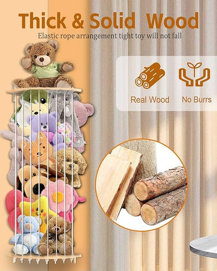 Corner Stuffed Animal Storage Wood Plush Toys Hanging Organizer Length Adjustable Stuffed Animal Holder with Moon Star Pattern Kids Toy Shelf Large Toy Storage for Nursery Playroom Bedroom Furniture - LeafyLoom