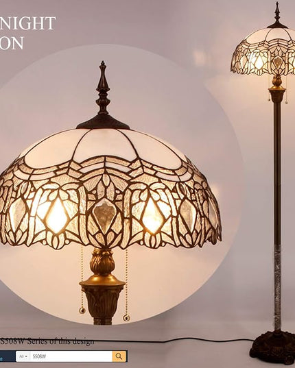 WERFACTORY Tiffany Floor Lamp Crystal Bead White Stained Glass Standing Reading Light 16X16X64 Inches Antique Pole Corner Lamp Decor Bedroom Living Room Home Office S508W Series - LeafyLoom
