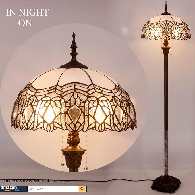 WERFACTORY Tiffany Floor Lamp Crystal Bead White Stained Glass Standing Reading Light 16X16X64 Inches Antique Pole Corner Lamp Decor Bedroom Living Room Home Office S508W Series - LeafyLoom