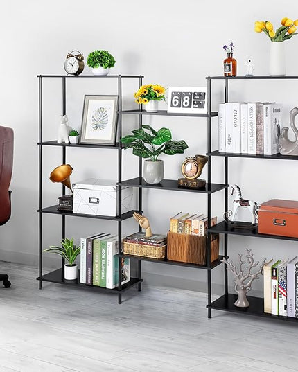 melos 4 Tier Bookshelf, Industrial Bookcase, Large Etagere Bookshelf Open Display Shelves with Metal Frame and 2 Anti-Tipping Strap, Black - LeafyLoom