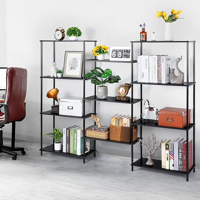 melos 4 Tier Bookshelf, Industrial Bookcase, Large Etagere Bookshelf Open Display Shelves with Metal Frame and 2 Anti-Tipping Strap, Black - LeafyLoom