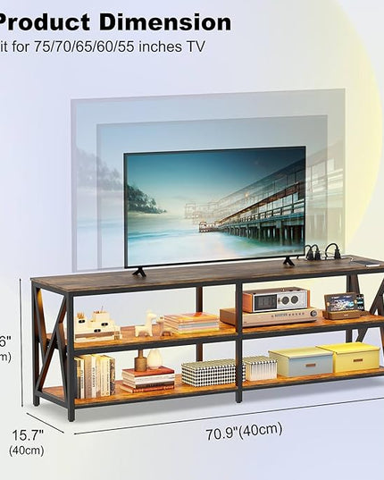 Lvifur LED TV Stand for 65 70 75 inch TV, Auto Sensor Entertainment Center with RGB Dimmable Lights, TV Console Table with Open Storage Shelves and Metal Frame (Rustic Brown) - LeafyLoom