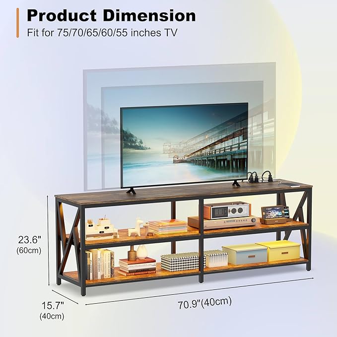 Lvifur LED TV Stand for 65 70 75 inch TV, Auto Sensor Entertainment Center with RGB Dimmable Lights, TV Console Table with Open Storage Shelves and Metal Frame (Rustic Brown) - LeafyLoom