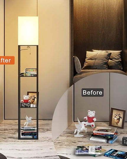 PAZZO Floor Lamp with Shelves, Shelf Lamps by Real Solid Wood with 2 Charging Ports and 1 Power Outlet, Floor Lamps for Bedrooms, Lamps for Living Room,Bulb Included,Matt Black - LeafyLoom