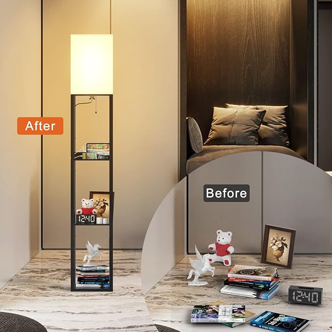 PAZZO Floor Lamp with Shelves, Shelf Lamps by Real Solid Wood with 2 Charging Ports and 1 Power Outlet, Floor Lamps for Bedrooms, Lamps for Living Room,Bulb Included,Matt Black - LeafyLoom