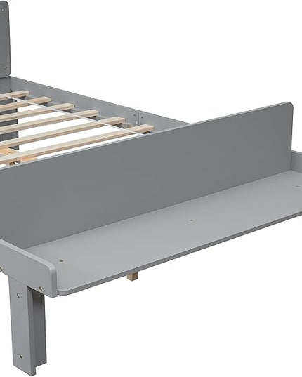 Full Bed with Footboard Bench, Full Kid Bed with Headboard, Wood Slat Support, Cute Kid Bed Frame with Book Storage Space, Full Car Bed for Boys Girls Bedroom, No Box Spring Needed, Grey - LeafyLoom