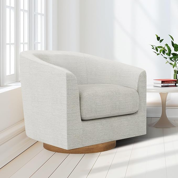 MUUEGM Accent Chair with Arms, 360 Degree Swivel Accent Chair with Wood Base, Modern Barrel Chair for Living Room, Bedroom, Waiting Room, Fully Assembled,Performance Fabric in Ivory White - LeafyLoom