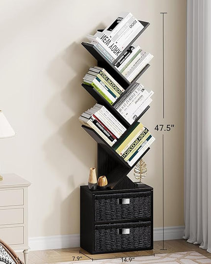 Vagusicc 6 Tier Tree Bookshelf, Modern Floor Standing Bookcase with Storage Drawer, Space Saving Storage Organizer Book Shelves for Books, Tall Wood Storage Rack for Bedroom/Living Room/Home Office - LeafyLoom