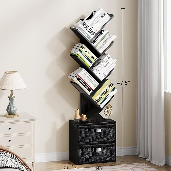 Vagusicc 6 Tier Tree Bookshelf, Modern Floor Standing Bookcase with Storage Drawer, Space Saving Storage Organizer Book Shelves for Books, Tall Wood Storage Rack for Bedroom/Living Room/Home Office - LeafyLoom