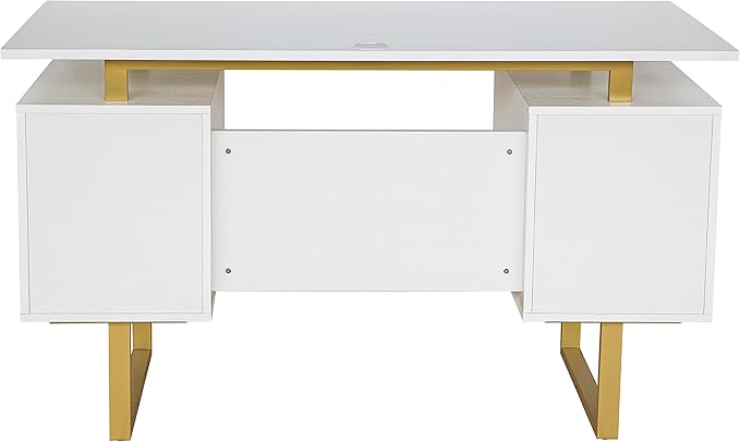 Techni Mobili Storage Drawers and Cabinet 51.25” W-Modern Office Large Floating Desktop Surface Desk, 23.6" D x 51.2" W x 29.8" H, White/Gold - LeafyLoom