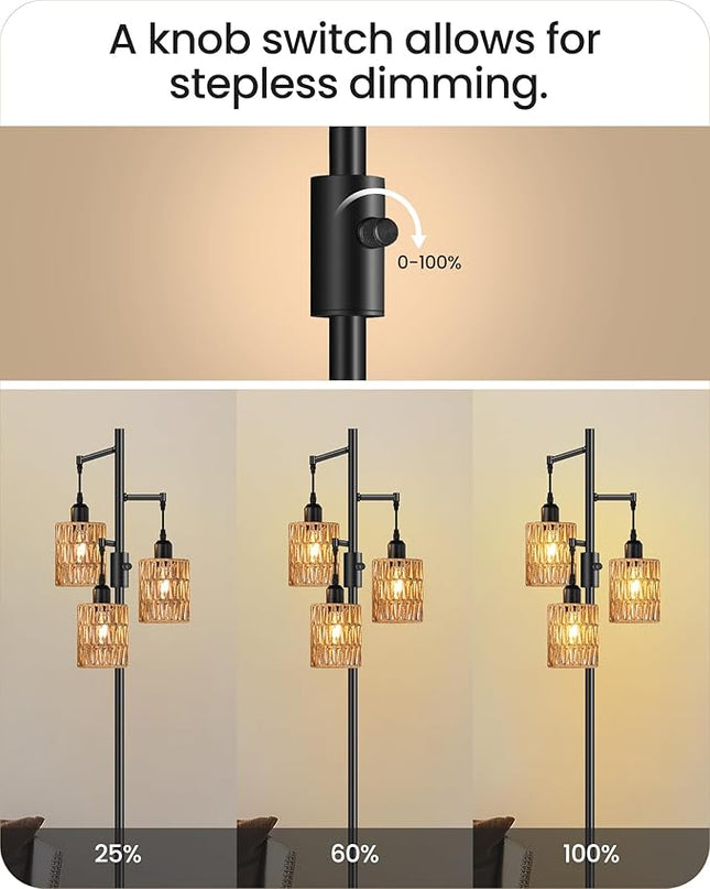 Dimmable Floor Lamp, Farmhouse Tall Standing Tree Lamp with 3 Rope Woven Lampshades, Boho Rattan Floor Lights, 4W 3 LED Bulbs Included, for Living Room, Bedroom, Study, Office B03LD05 - LeafyLoom