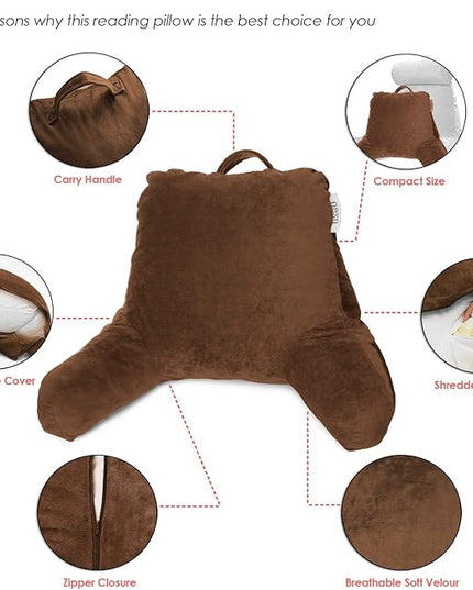 Nestl Reading Pillow with Portable Laptop Lap Desk, Velvet Feel Back Pillow for Sitting in Bed, Shredded Memory Foam Back Support Pillow for Bed, Bed Rest Pillow with Arms, Standard - Brown - LeafyLoom