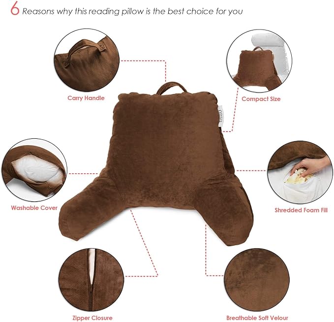 Nestl Reading Pillow with Portable Laptop Lap Desk, Velvet Feel Back Pillow for Sitting in Bed, Shredded Memory Foam Back Support Pillow for Bed, Bed Rest Pillow with Arms, Standard - Brown - LeafyLoom