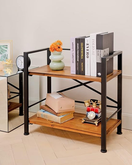Rustic Bookshelf, 2 Tier Real Wood Bookshelf, Metal Book Shelf for Storage, Black Bookcase, 12.6" D x 23.62" W x 22.83" H - LeafyLoom