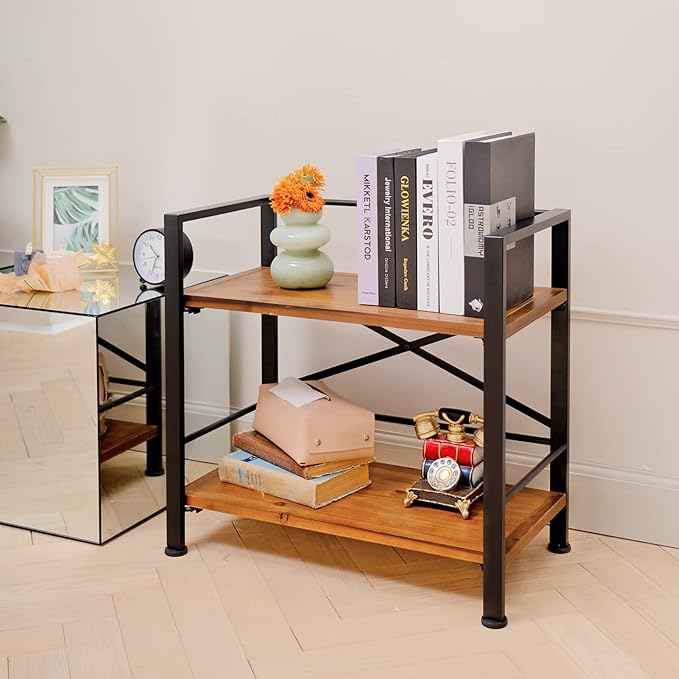 Rustic Bookshelf, 2 Tier Real Wood Bookshelf, Metal Book Shelf for Storage, Black Bookcase, 12.6" D x 23.62" W x 22.83" H - LeafyLoom