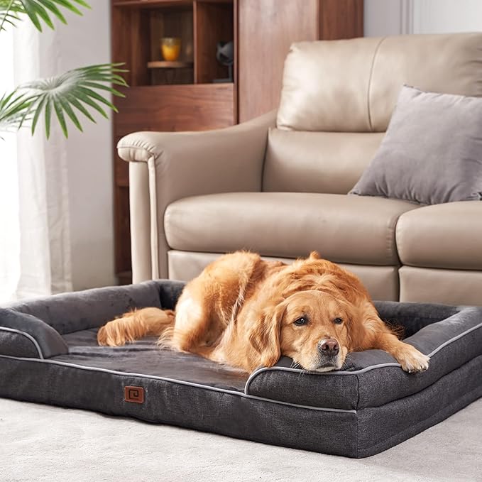 EHEYCIGA Orthopedic Dog Bed for Large Dogs, Waterproof Memory Foam with Sides, Non-Slip Bottom and Egg-Crate Foam Couch Bed with Washable Removable Cover, Dark Grey EHEYCIGA