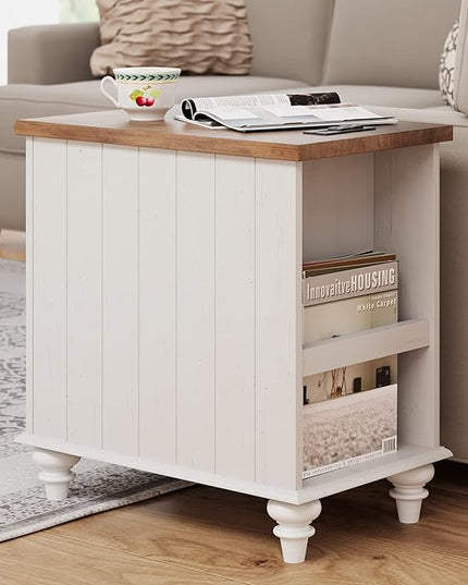 WAMPAT End Table with Charging Station, White Side Table with Storage Cabinet and Drawer, Wood Nightstand with Power Outlets & USB Ports for Bedroom, Living Room - LeafyLoom
