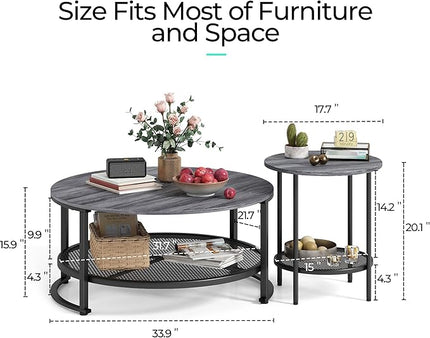 LINSY Home Round Coffee Table Set of 2 for Living Room, Grey Coffee Table with Open Storage,Wood Surface Top & Sturdy Metal Legs Large Circle Coffee Table for Industrial or Modern Design Home - LeafyLoom
