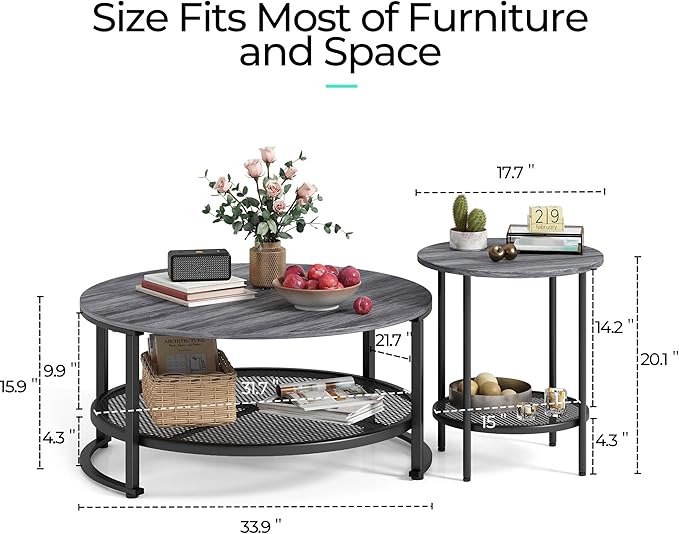 LINSY Home Round Coffee Table Set of 2 for Living Room, Grey Coffee Table with Open Storage,Wood Surface Top & Sturdy Metal Legs Large Circle Coffee Table for Industrial or Modern Design Home - LeafyLoom