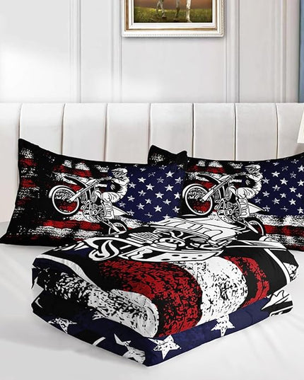 Axolotl Dirt Bike Comforter Set Twin,American Flag Bedding Set,Motocross Comforter Set,White Red Stripes Stars Comforter Set,Motorcycle Racer Comforter for Boys Kids Teens Men,1 Quilt 2 Pillowcases - LeafyLoom