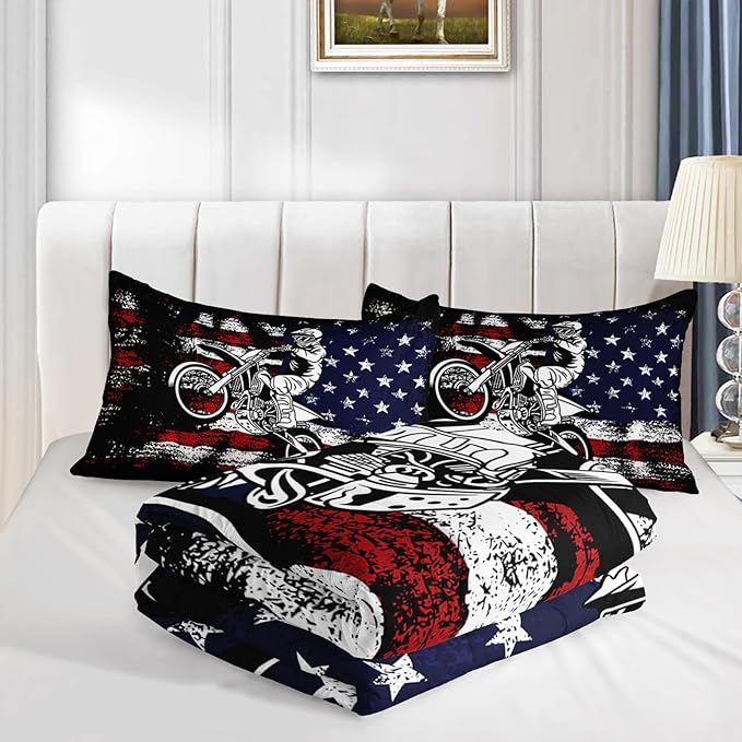 Axolotl Dirt Bike Comforter Set Full,American Flag Bedding Set,Motocross Comforter Set,White Red Stripes Stars Comforter Set,Motorcycle Racer Comforter for Boys Kids Teens Men,1 Quilt 2 Pillowcases - LeafyLoom