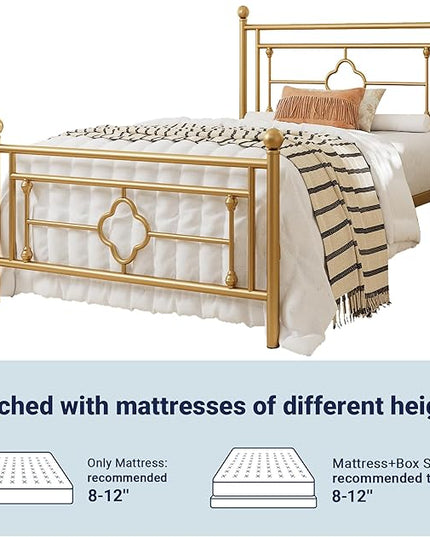 Allewie Twin Size Metal Platform Bed Frame with Victorian Vintage Headboard and Footboard/Mattress Foundation/Under Bed Storage/No Box Spring Needed/Noise-Free/Easy Assembly, Gold - LeafyLoom
