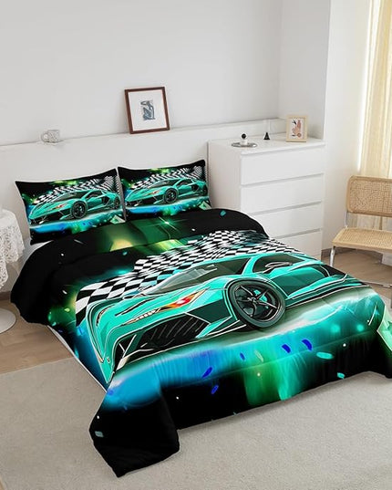Teal Race Car Comforter Set Queen Size, Black White Lattice Bedding Set 2pcs for Kids Boys Teens Room Decor,Extreme Sport Games Quilt Set,Cool Modern Duvet Insert with 2 Pillowcases - LeafyLoom