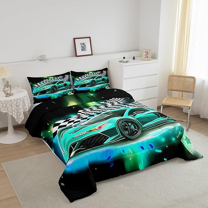 Teal Race Car Comforter Set Queen Size, Black White Lattice Bedding Set 2pcs for Kids Boys Teens Room Decor,Extreme Sport Games Quilt Set,Cool Modern Duvet Insert with 2 Pillowcases - LeafyLoom