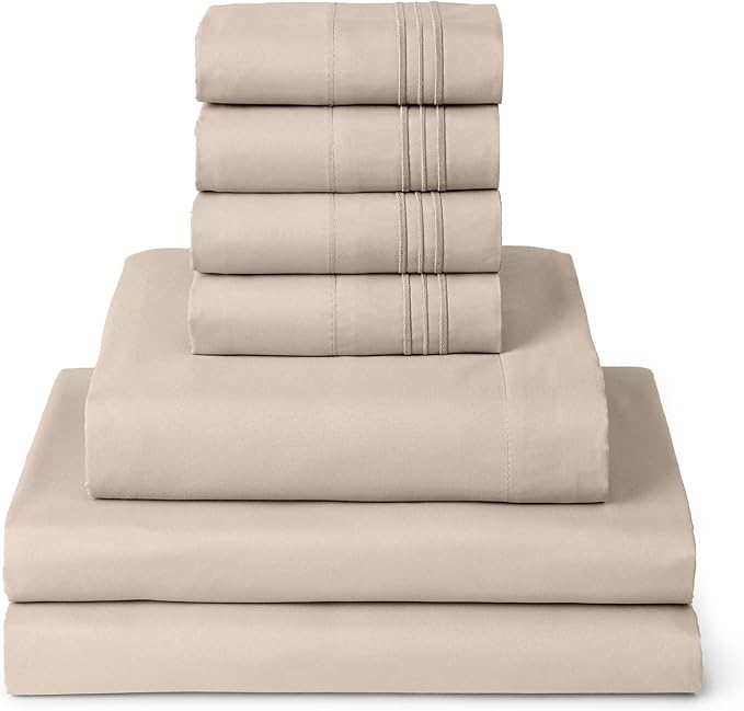 Mellanni Split King Sheets Set - 7 PC Iconic Collection Bedding Sheets & Pillowcases - Ultra Soft, Cooling Bed Sheets - Deep Pocket up to 16 inch - 7 PC (Split King, Burnt Sand w/Extra Pillow Cases) - LeafyLoom